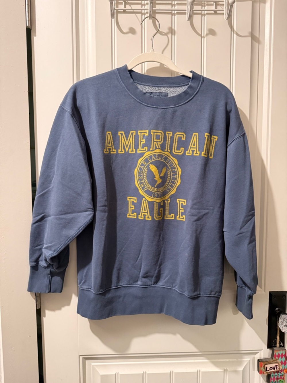 American Eagle Outfitters Blue Crewneck Sweatshirt with Yellow Graphic